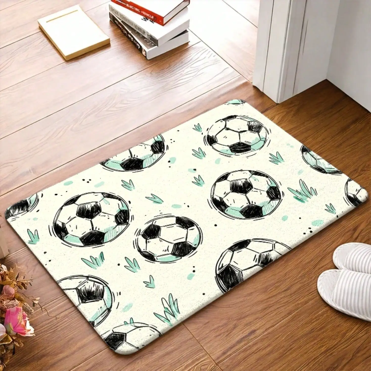 1pc, Soccer Pattern Flannel Doormat, Non Slip Rubber Bottom, Durable,, Machine Washable, Universal For Indoor Outdoor, Suitable As Entry Mat, Kitchen Mat