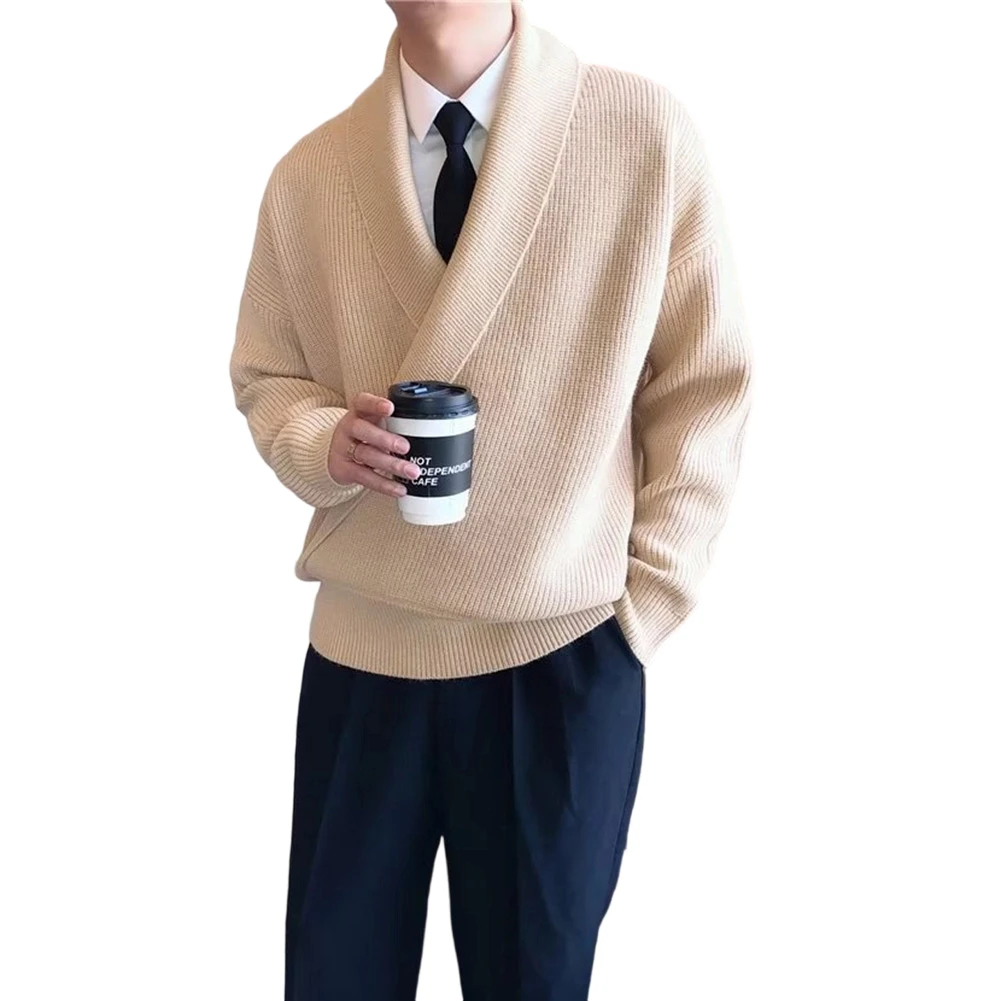 

Men Korean Solid Lapel Deep V-neck Casual Sweater Loose Draped Knitted Pullover