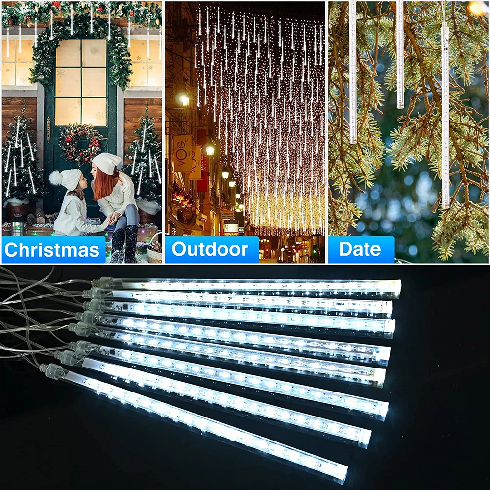 Outdoor Solar Meteor Shower Lights LED Christmas Decorations Rain Drop String Lights 8 Tubes For Xmas Tree Party Garden Decor