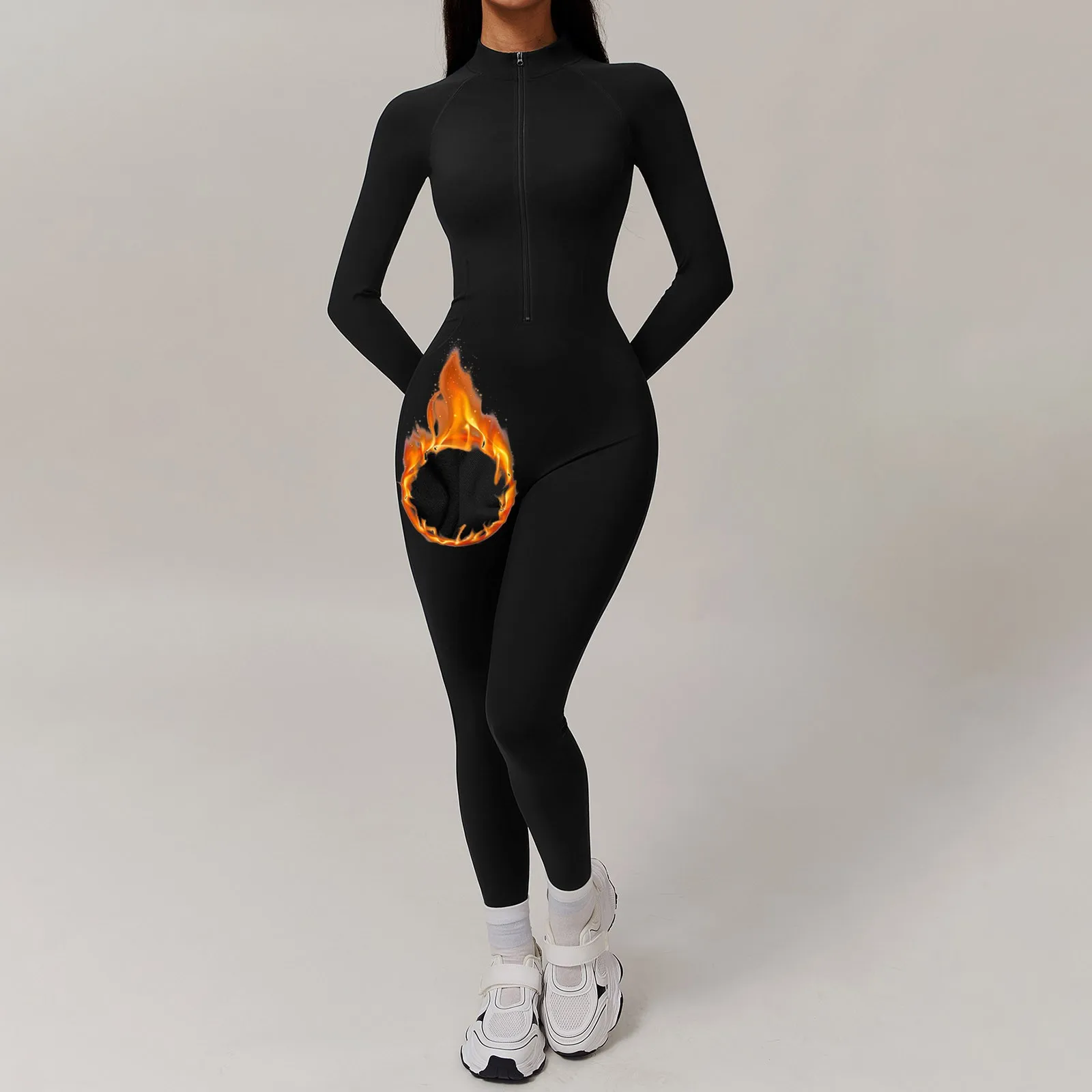 Black Slim Fleece Lined Women Bodysuit Autumn Winter Warm Long Sleeve Full Zip Turtleneck Tight Jumpsuit Sport Fitness Rompers