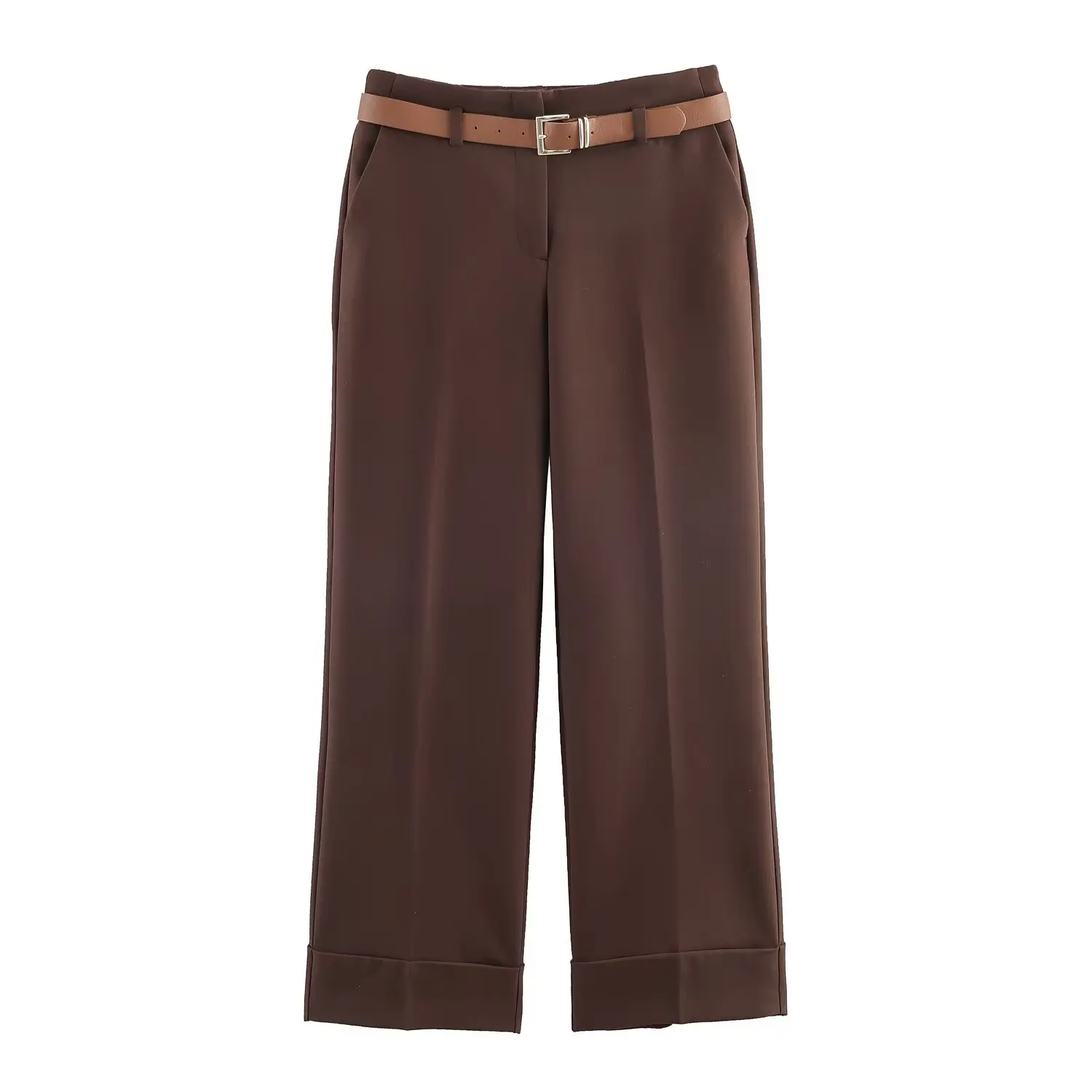 

Women's Fashion Rolled Hem Belted Pants High Waist Wide Leg Pants With Leather Belt Office Wear Trousers Casual For Woman X0TJ