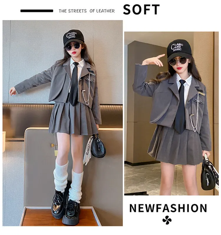 Schuluniform-Set für junge Mädchen im JK-Stil, einzigartige formelle Jacke mit Kette und plissiertem Rock, 2-teiliger Blazer-Anzug für Schulkinder. – Detail 5
