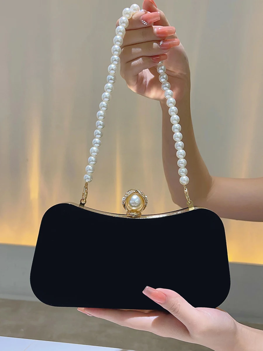 Pearl Decor Velvet Event Clutch Bag, Metal Chain Buckle Banquet Bag, Party Evening Cocktail Bag