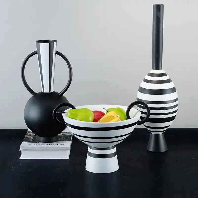 Nordic Black White Striped Resin Vase Creative Home Decor for Living Room Dining Table TV Cabinet Dried Flower Arrangement