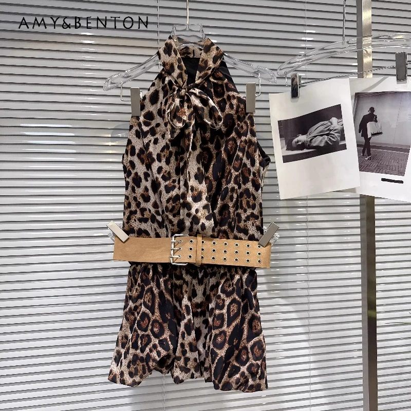 

Новинка лета 2026: Женская одежда в стиле ретро — сексуальный шифоновый топ с леопардовым принтом, бретелями и поясом на талии для девушек