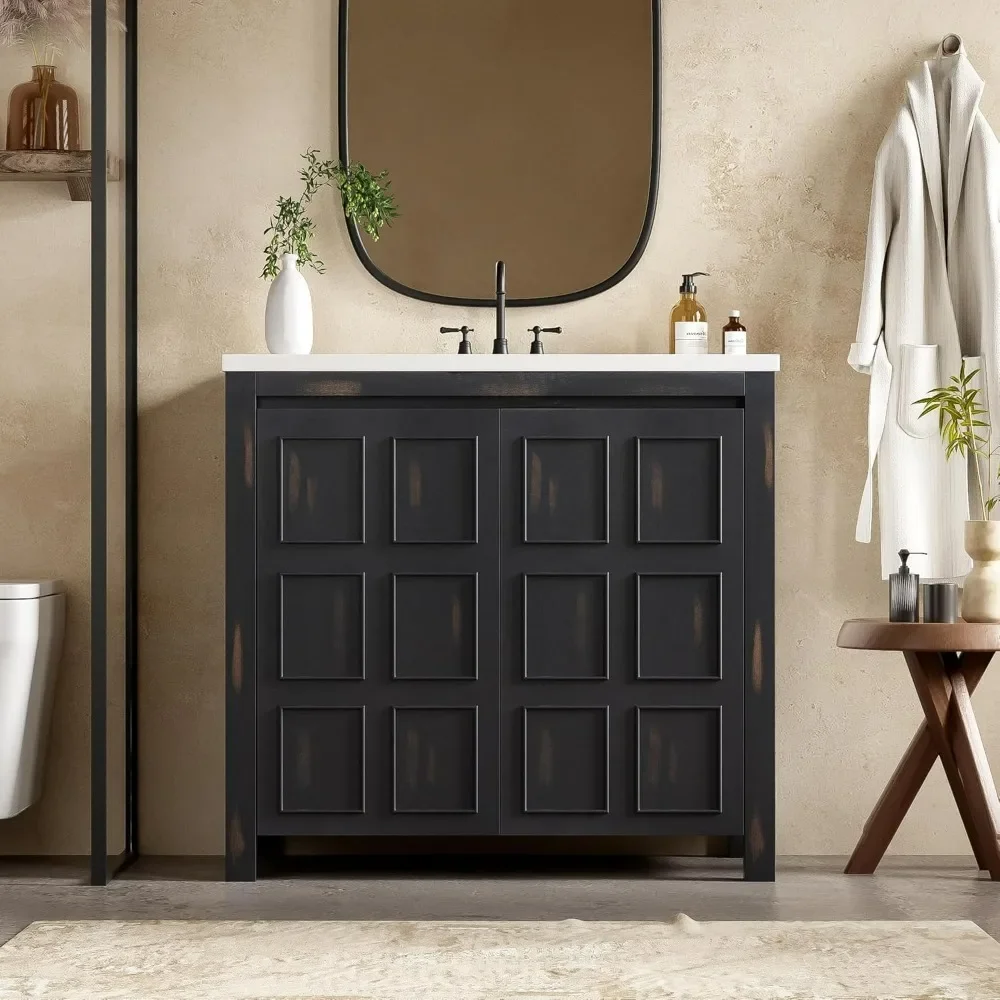 

36" Modern Bathroom Storage Cabinet with Sink, Mid-Century Bathroom Vanity with Adjustable Shelves, Bathroom Vanity Cabinet