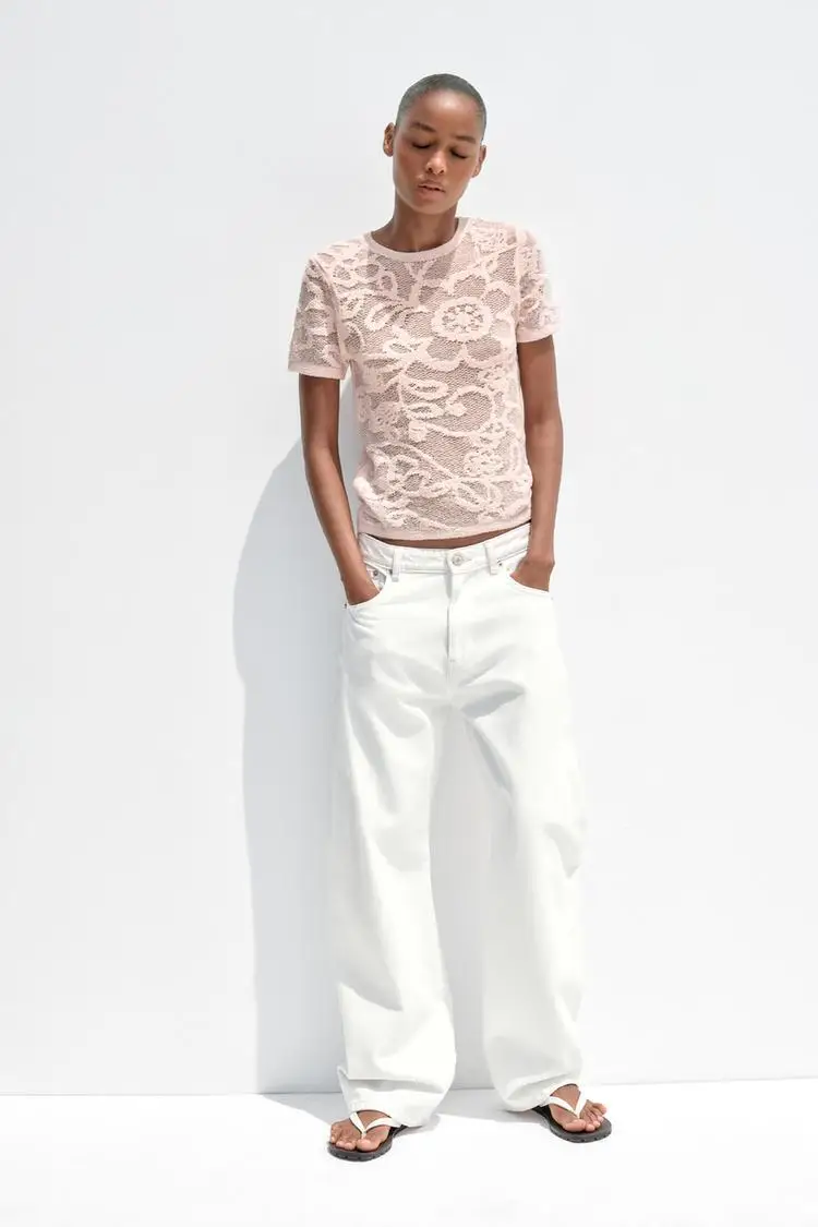 

YY1310 ZA25 Summer New Women's Flower Printed Texture Round Neck Short Sleeve Knitted T-shirt Translucent Top 0234006