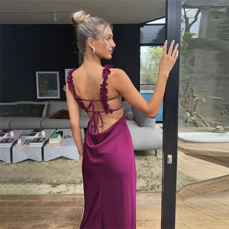 Hollow Lace Boat Neck Women Prom Dress Backless Wide Strap Party Gown Purple Green Sleeveless Evening Dress New Arrival In Stock