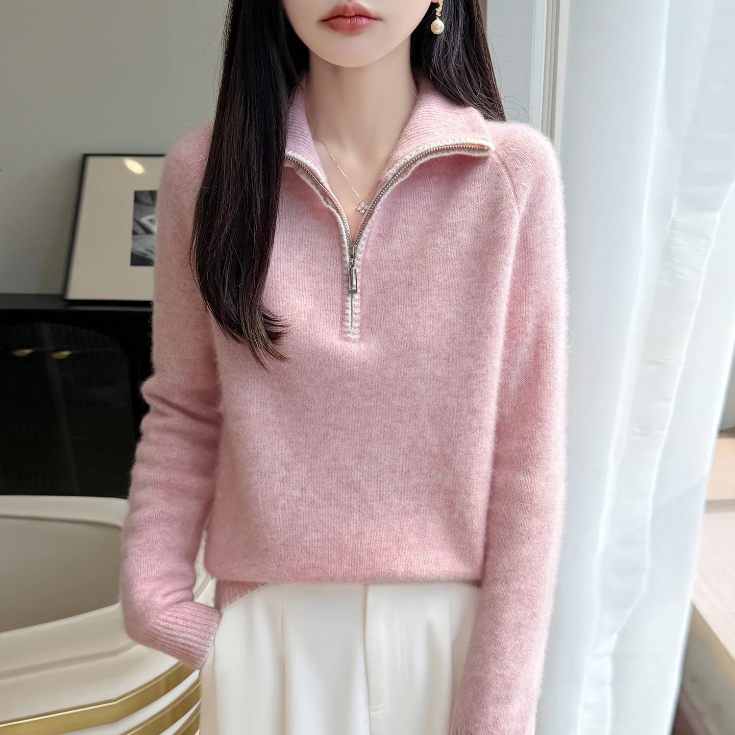 High collar half zipper 100% pure wool sweater women's autumn and winter European goods thickened loose bottom cashmere sweater