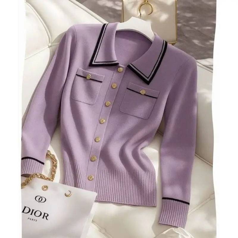 

Осень-зима 2025 г., новые модные женские модные и универсальные вязаные свитера с воротником-поло и длинными рукавами