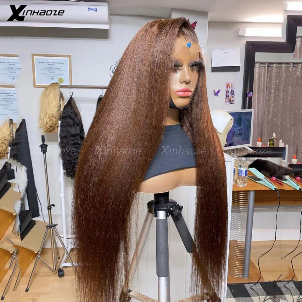 Dark Brown Kinky Straight Full Lace Wig Human Hair Full Density Kinky Straight Glueless Full Lace Wigs Can Make High Ponytail