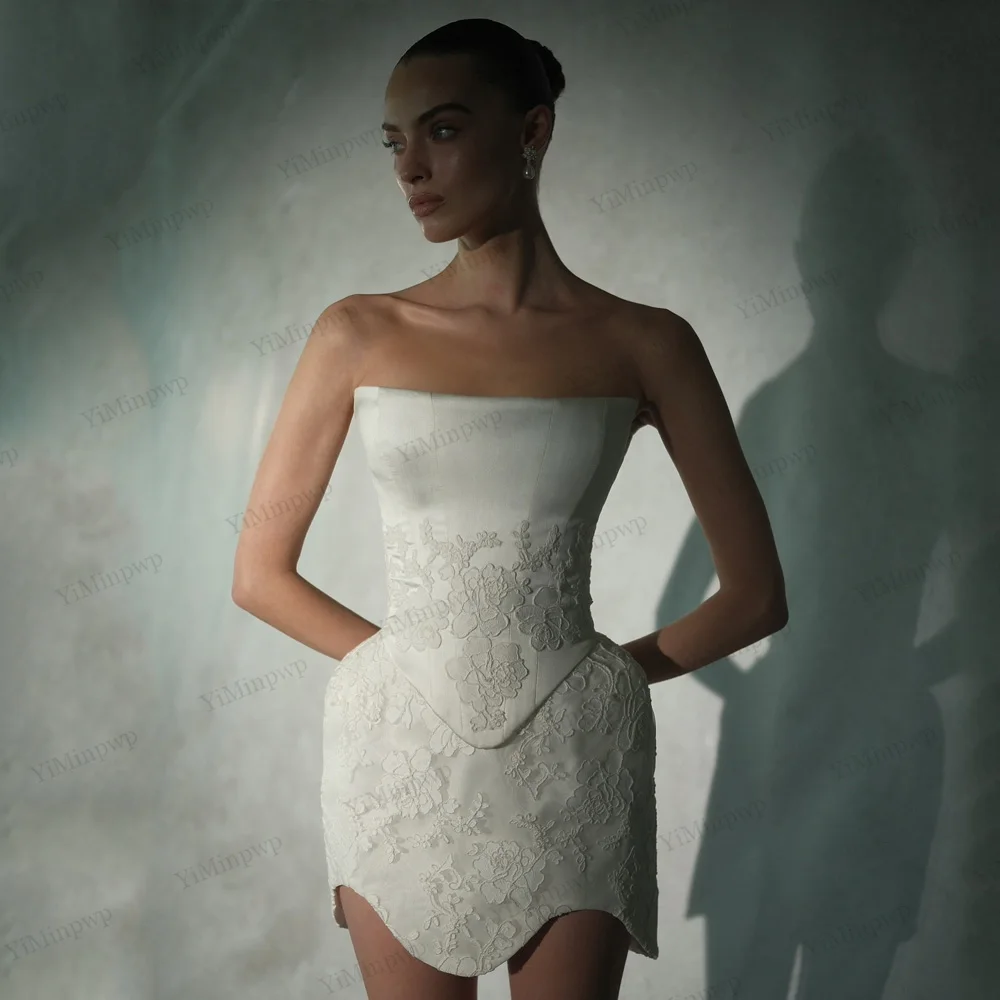 カスタマイズされたアイボリーの花柄アップリケツーピースセットミニウェディングドレスストラップレスミニvestidos de nocheシンプルなアフターパーティードレス
