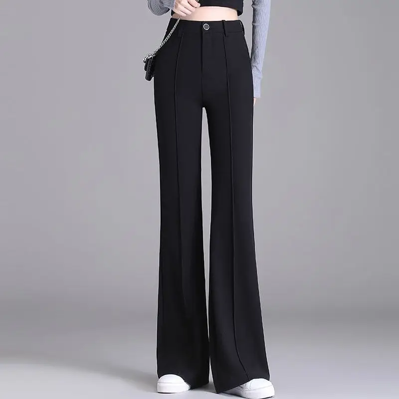 Black Autumn New Straight Micro Flared Pants Women Button Zipper Pocket Patchwork High Waisted Slim Suit Wide Leg Trousers 2024