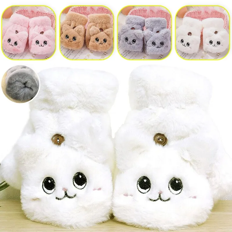 Winter Fingerless Flip Glove Cartoon Cat Thick Lining Fluffy Warm Mittens Cold Autumn Polyester Plush Half Finger Flip Gloves