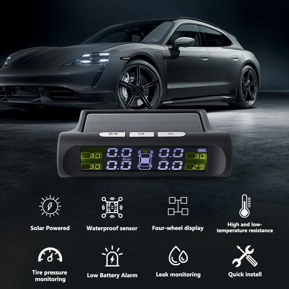 Sistema de monitoreo de presión de neumáticos con alarma de seguridad automática, carga Solar Universal, pantalla LCD Digital TPMS para coche inteligente