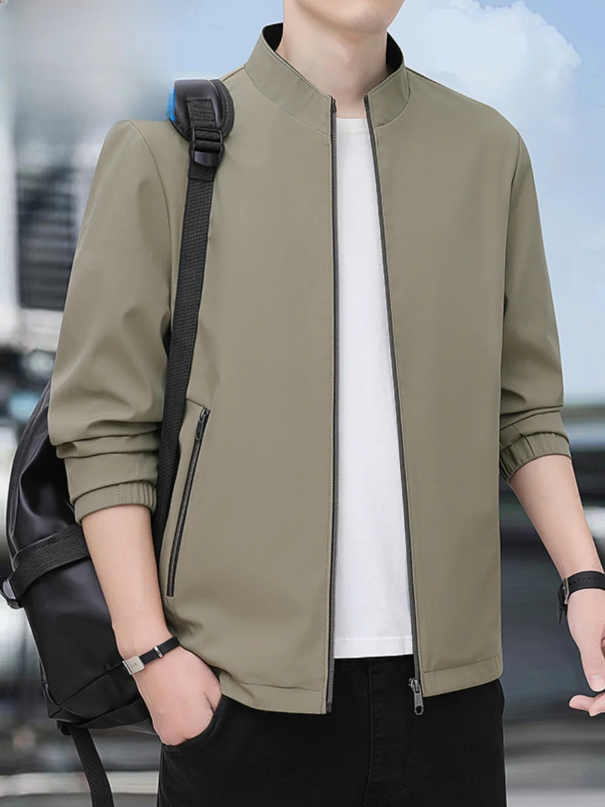 

Khaki Stand Collar Jaet for Men Young Busin Adstrative Coat Autumn Large Size Trendy Ci Faion Polyester Fiber