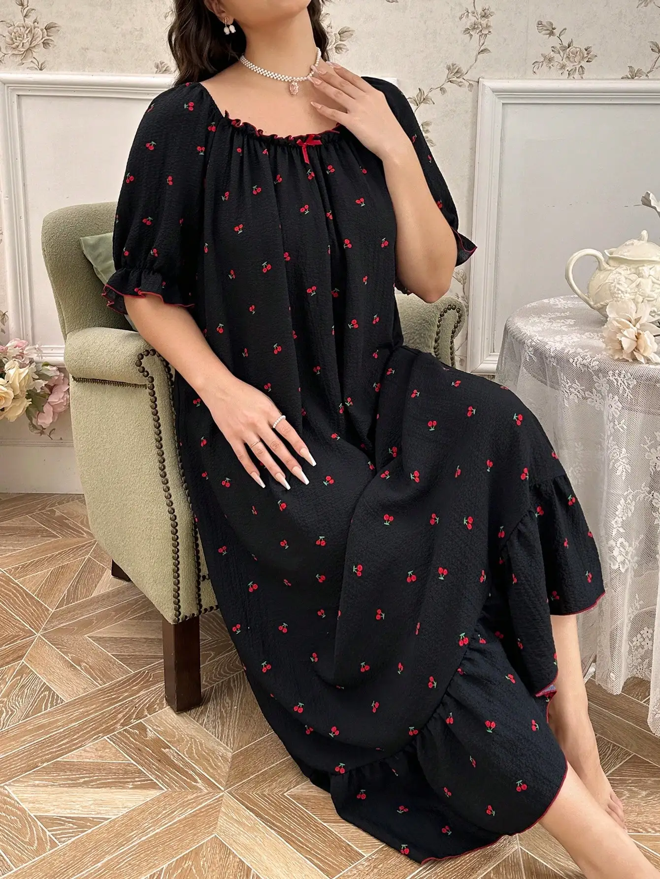 

Plus Size Cherry Print Ruffled Hem Long Sleep Dress for Women