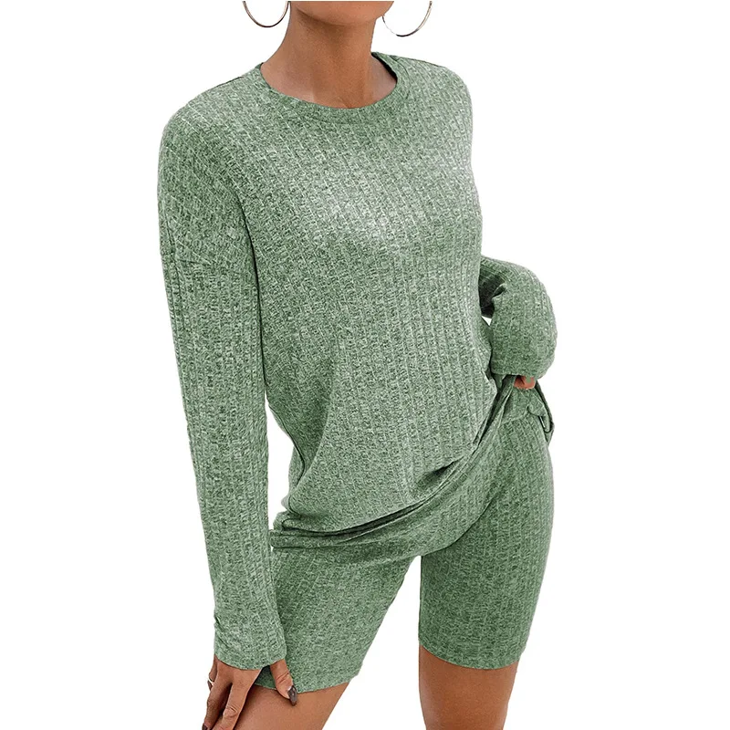 2023 Spring and Autumn Women's New Fashion Casual Commuter Set Round Neck Long Sleeve Top Shorts Comfortable Two Piece Set