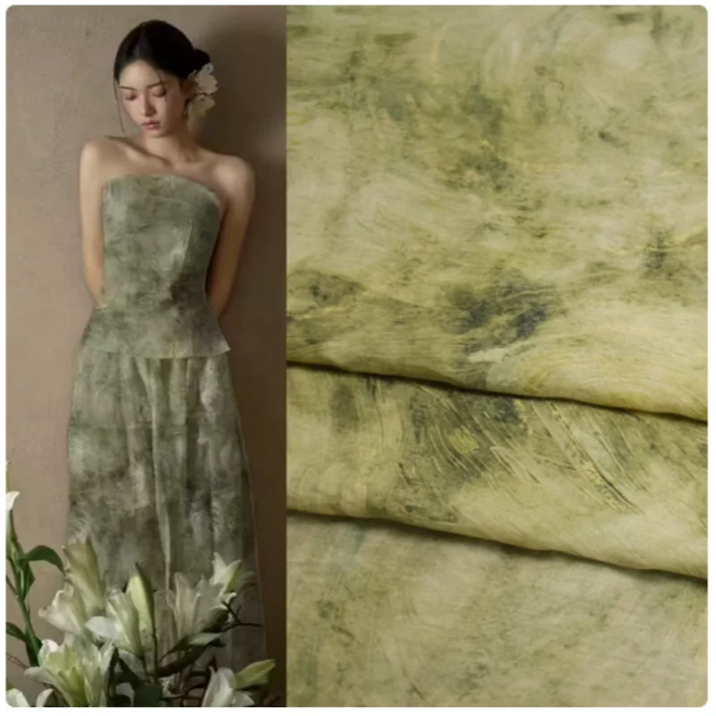 Green Abstract Smudge Print Sky Silk Cotton Fabric, Spring Summer Dress, Cheongsam, Pants, Han Cloth Sewing Tissue, Soft, T2314