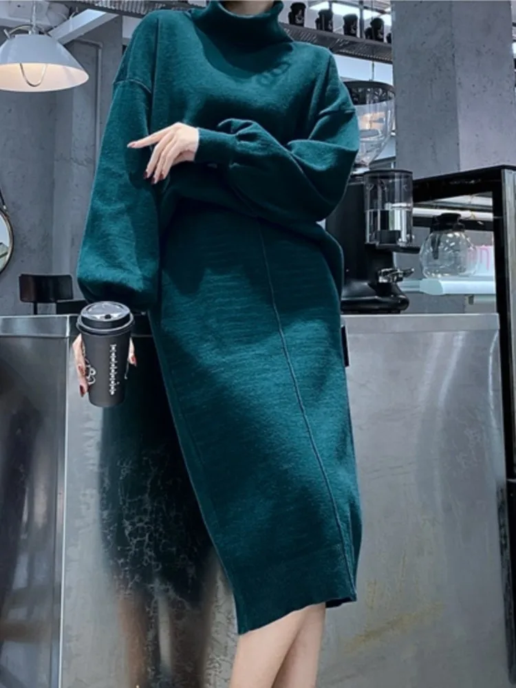

Solid Knitted Two Piece Sets Women Outfits Elegant Casual Loose Turtleneck Sweater and Mid Skirt Suit Female Fashion Clothes New