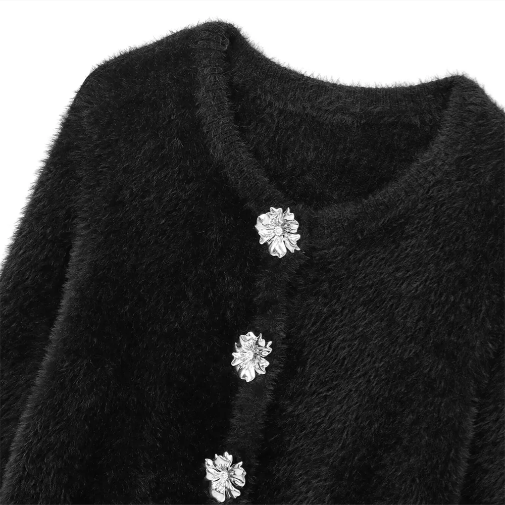 PB&ZA2024 Autumn New Women\'s Clothing Style Simple and Loose Artificial Fur Effect Round Neck Long Sleeve Knitted Coat