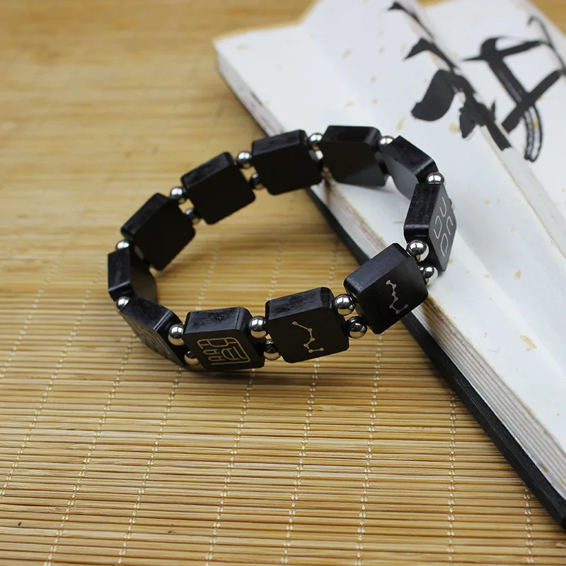 Chinese Traditional Lucky Jujube Wood Bracelet Inlaid Silver Nine Character Mantra Square Bead Prayer Bracelet Bring Good Fortun