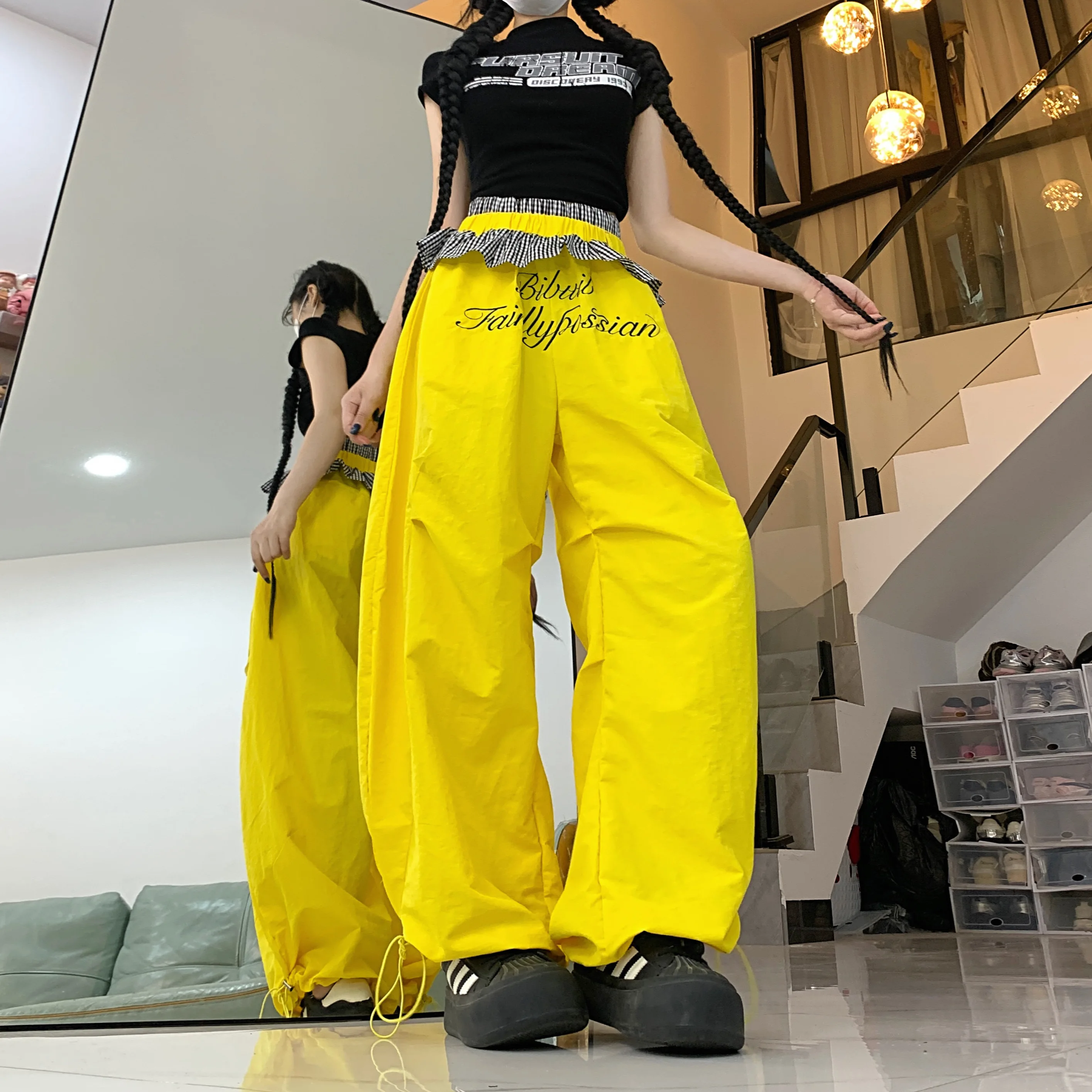 Pendientes de mujer a cuadros amarillos empalmados ​ ​ Pantalones con estampado de letras Moda urbana Y2k American Cintura elástica Nuevos pantalones casuales 2025