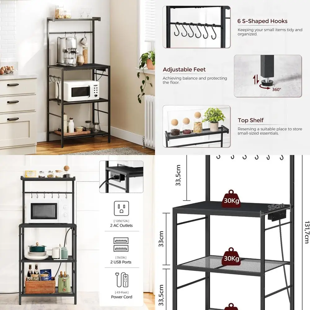 

Kitchen Storage Rack with 6 Hooks, 4-Tier Coffee Bar, Black Microwave Stand for Kitchen and Dining Area