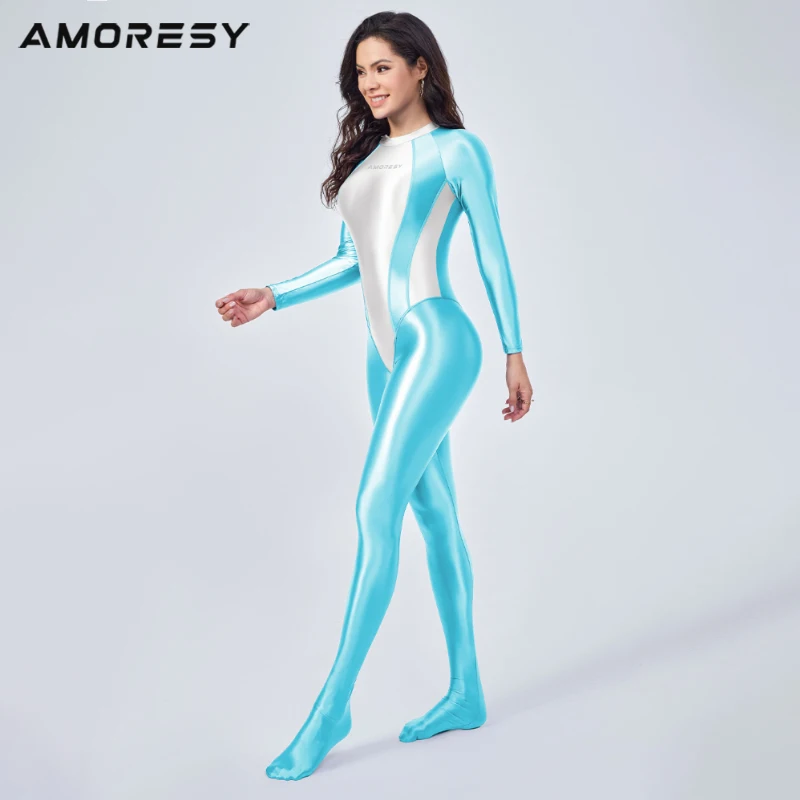 AMORESY 女性オイル光沢のあるワンピースジャンプスーツ長袖ストレッチ