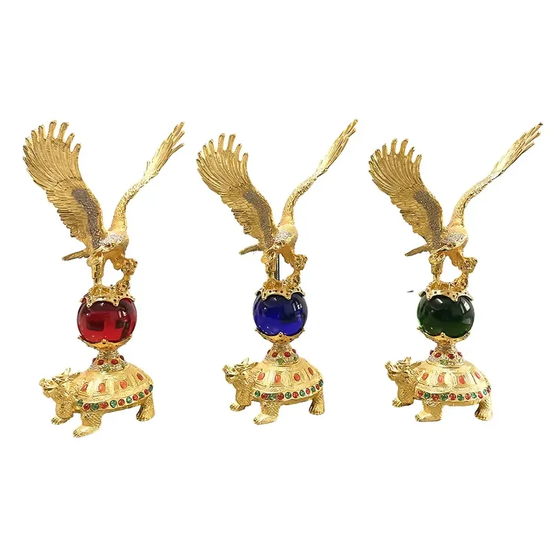 Chinese Antique Turtle Sapphire Jade Golden Eagle Green Blue Red Ball Metal Ornament Craft Collection Decorative Gifts