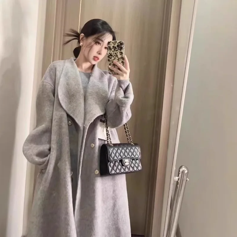 

Double-Sided Velvet Coat Women's Gray Stand-up Collar Hepburn Style 2025 Autumn and Winter New Gold Buckle Premium Woolen Coat