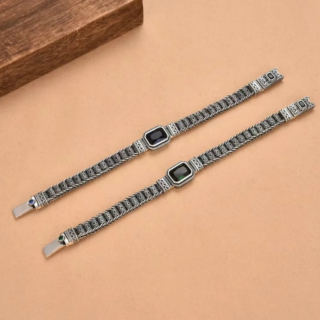 BOCAI S925 Pure Silver Arabic Style Hand Woven Rolled Grass Pattern Tube Bead Diamond Studded Bracelet For Men