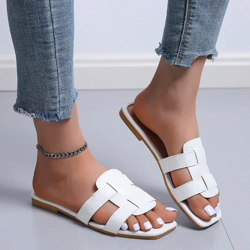 Women's Shoes on Sale 2024 Fashion Summer Women's Slippers Square Toe Solid Open Toe Low-heeled Large Size Beach Slippers Women