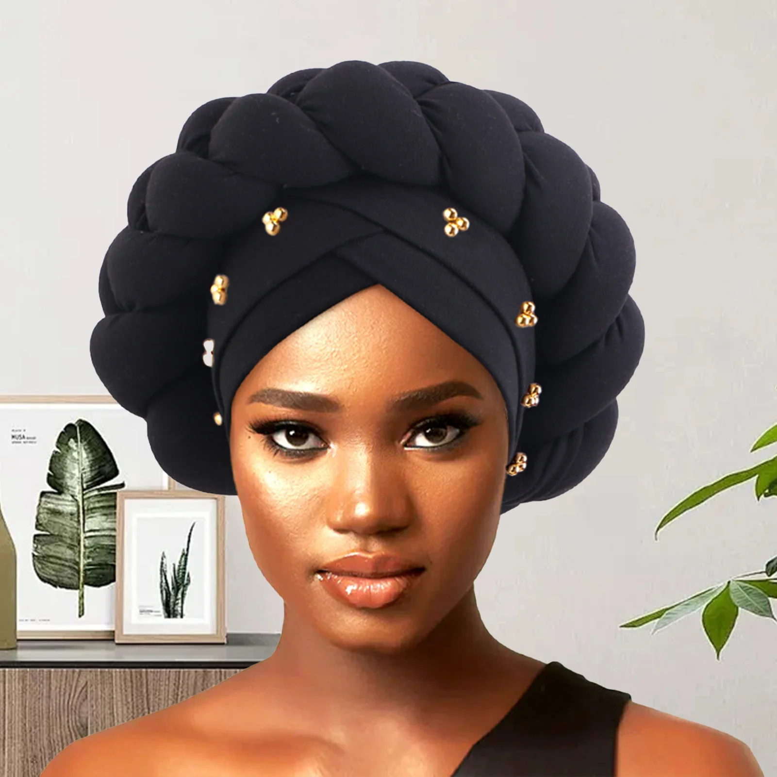 

Afro-Caribbean Hair Scarf African Cap 3D Sponge Braided Turban Headwrap Gold Beads Stretchy Headwear For Women Girls Fashion