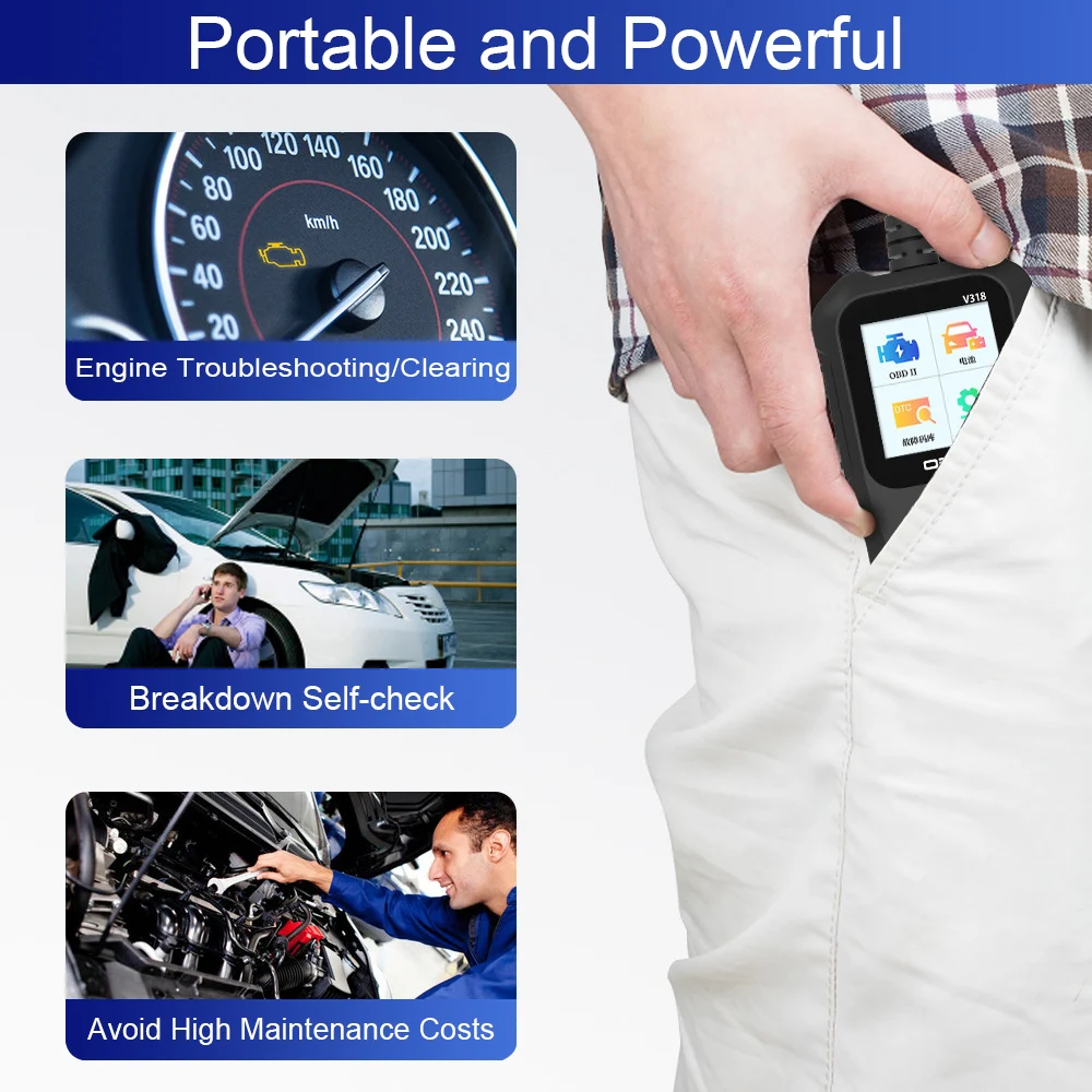 Car Diagnostic Tool OBD2 Scanner Check Engine System V318 Multi-language Battery Tester Code Reader Clear/Erase Codes