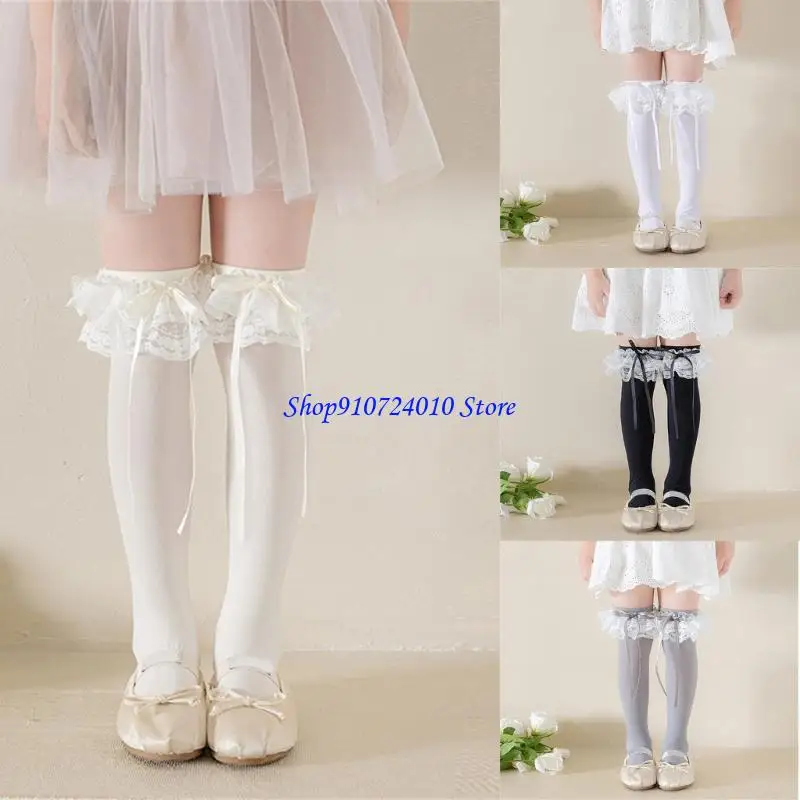 

77HD 1 Pair Girls Long Tube Socks for School and Event Elasticized Ribbon Design
