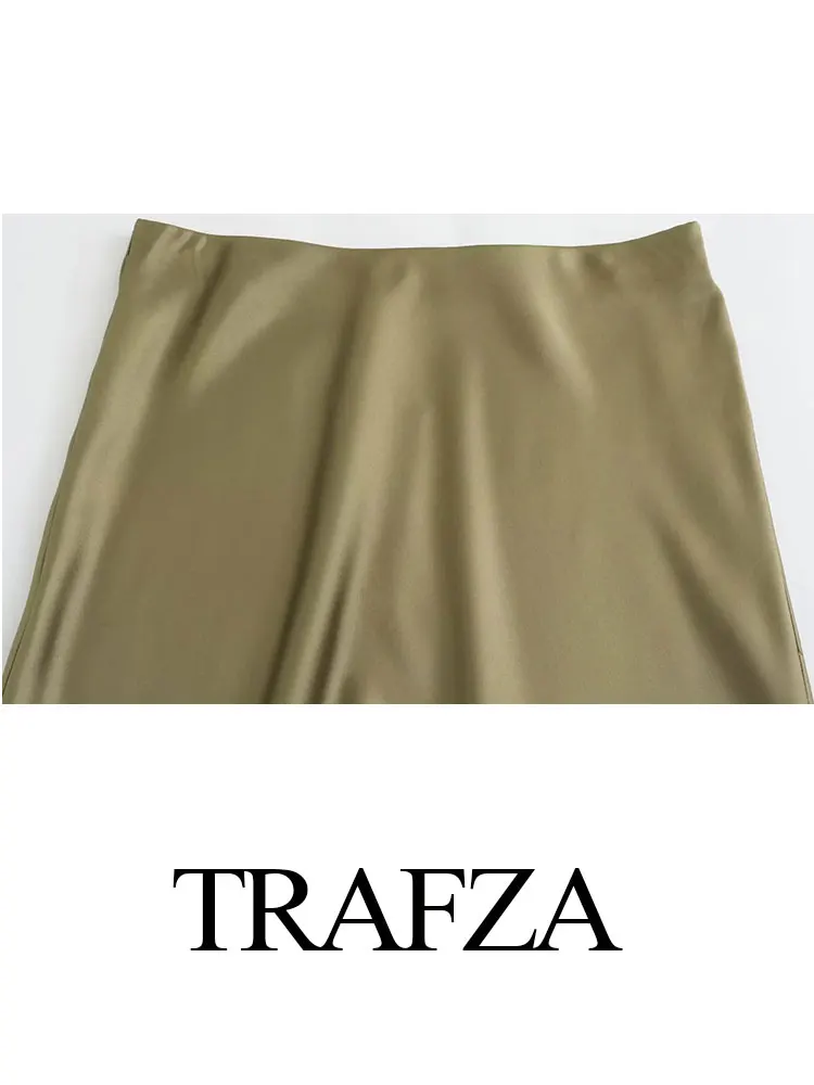 TRAFZA Skirts For Women 2024 Summer Solid Satin Sheath Long Skirt Female Show Curve Beach Outfits For Woman Mermaid Skirts