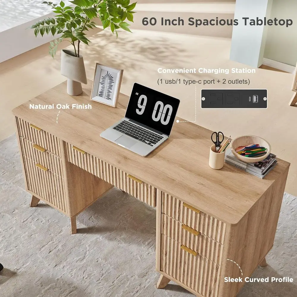 مكتب تنفيذي حديث مخدد مقاس 60 بوصة مع أدراج، ومحطة شحن، وخزانة ملفات، وصينية لوحة المفاتيح وخزانة تخزين للمنزل