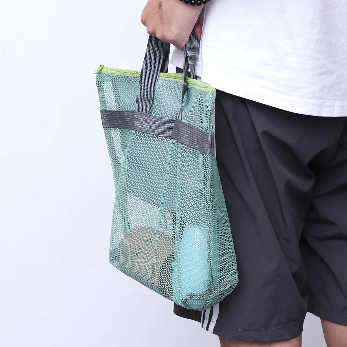 

Mesh Beach Tote Bag Large-Capacity Sky-Blue Portable Nylon Zippered Pocket Waterproof Swimming Pool Picnic Storage Bag Women