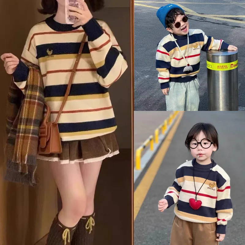 

Warm Family Look Sweater Christmas Parent-child Thick Knitted Jumper Striped Winter Korea Mother Father and Daughter Son Clothes