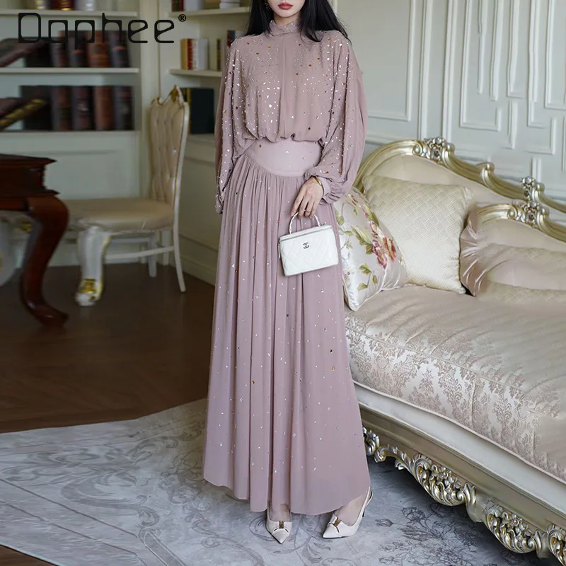 

French Gentle Style Elegant Socialite Evening Dresses High-End Mid-Neck Long Sleeve Rhinestone Top High-Waisted Slim Long Skirt
