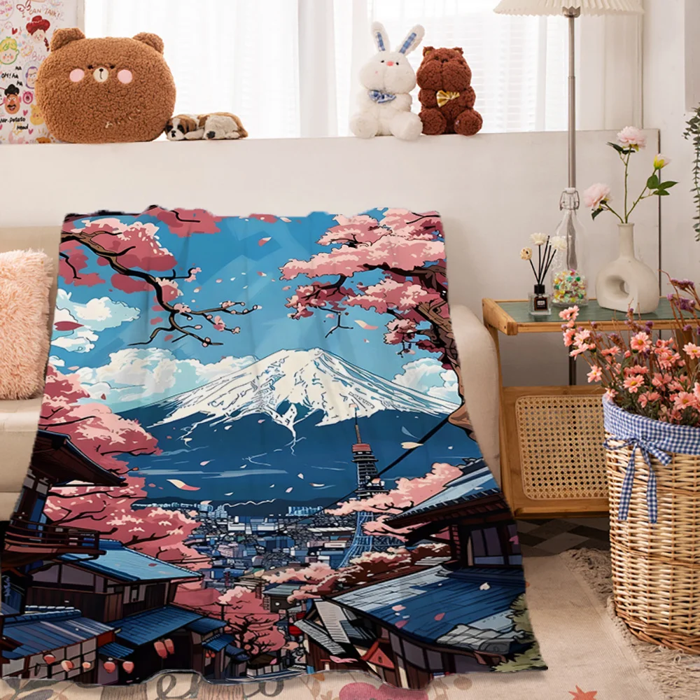1pc Contemporary Japanese Cherry Blossom and Mount Fuji Print Flannel Throw Blanket - Soft Comfortable All-Season Knitted Polyes