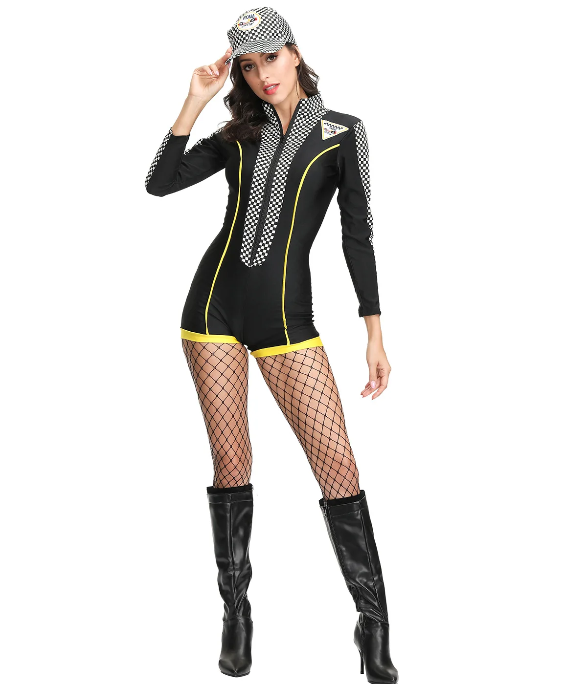 Ladies Race Car Driver Outfit Racing Girl  Long Sleeves Costume Plaid Jumpsuit With Hat