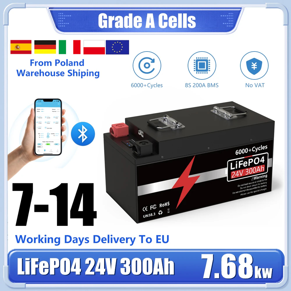  24V 300Ah LiFePO4 Battery 7.68KW 25.6V 100Ah 140Ah 200Ah New Grade A Cells 8S 200A Bluetooth BMS 10-Year Warranty No Tax 