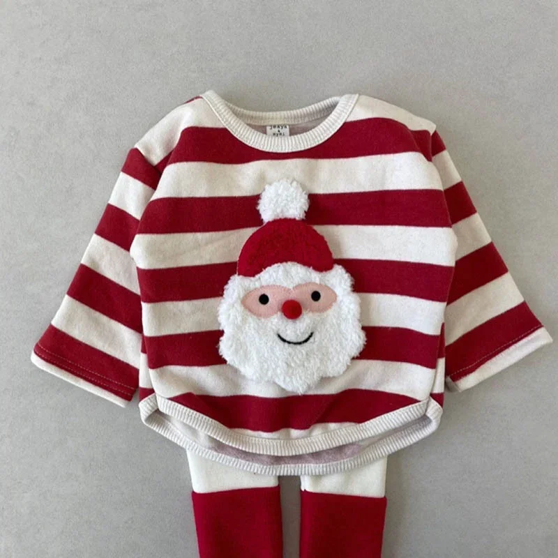 Autumn and Winter Brushed plush Long sleeved Baby Cute Boys and Girls Christmas Red Stripe Sweater Set Photography Clothing