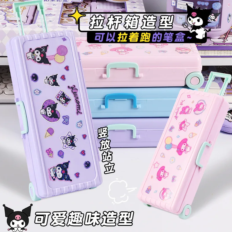 Sanrio New Student Stationery Cartoon Kuromi Trolley Box Stationery Box Large Capacity Double Folding Pencil Case Charm Gift