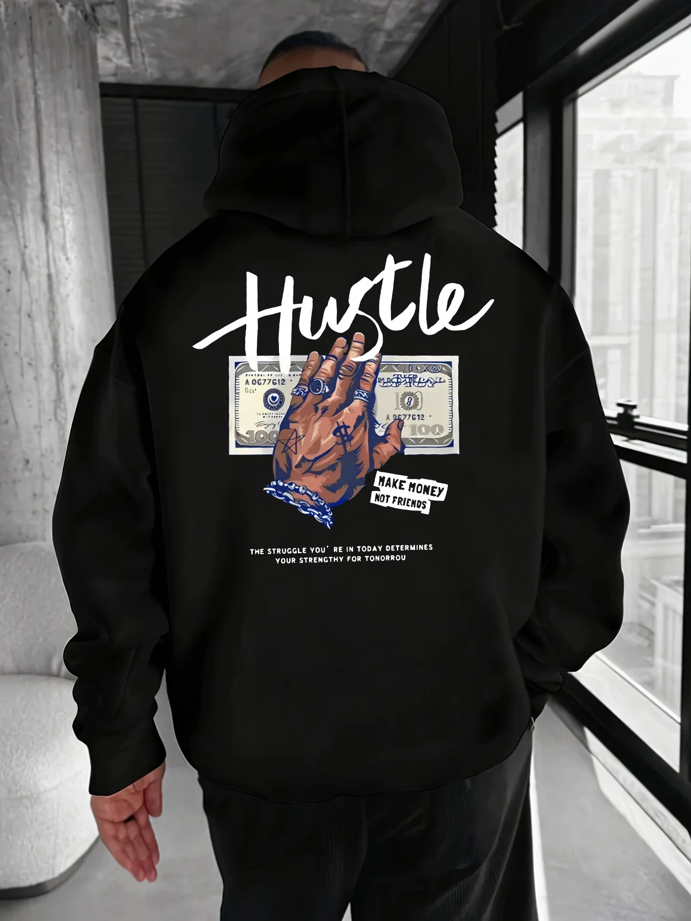 Sudadera con capucha para hombre, ideal para otoño e invierno, sudadera con capucha de felpa cálida con estampado de dólares.