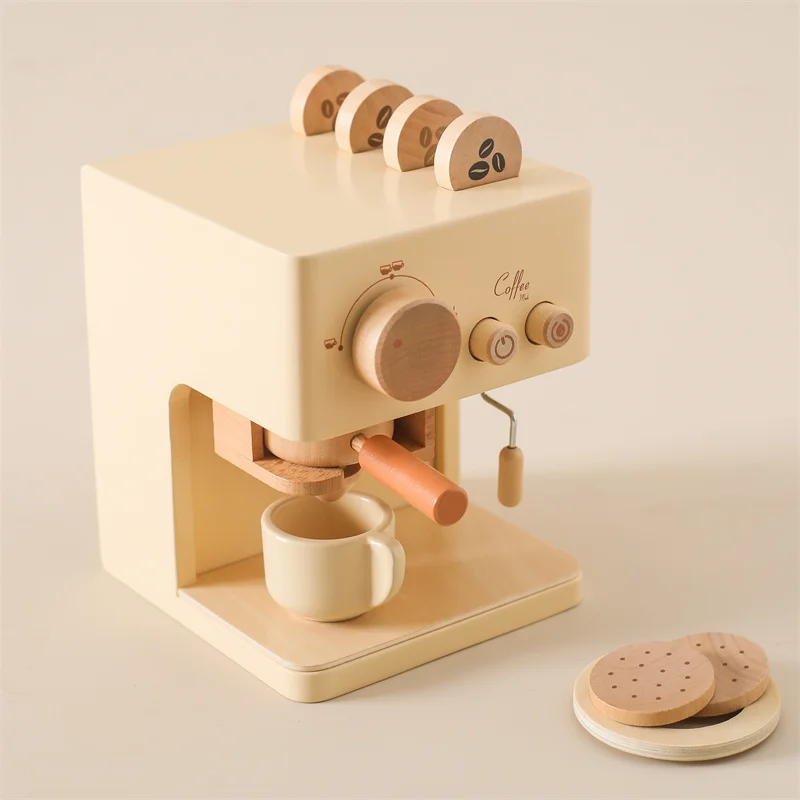 Children Montessori Wooden Toy Coffee Machine Cooking Kitchen Utensils Natural Wood Children Simulation Education Pretend Play