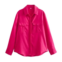 PB & ZA-Linen Shirt with Pocket Decoration for Women, Casual Commuting, Versatile, Fashion and Elegance, Spring, New, 2024