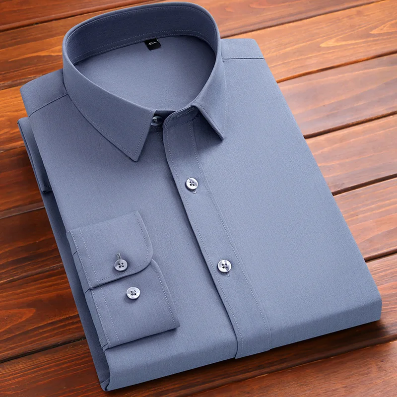 Hot New Black White Blue Mens Dress Shirts For Man Long Sleeved Shirt Classic Solid Bamboo Fabric Male Social Office Work Shirts